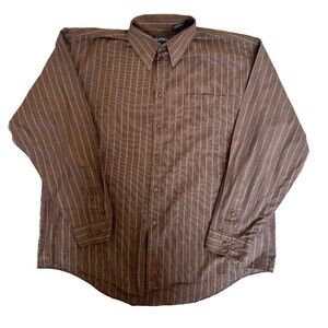 Puritan Mens Large Brown Stripe Button Down Shirt 16 35-36 Long Sleeve